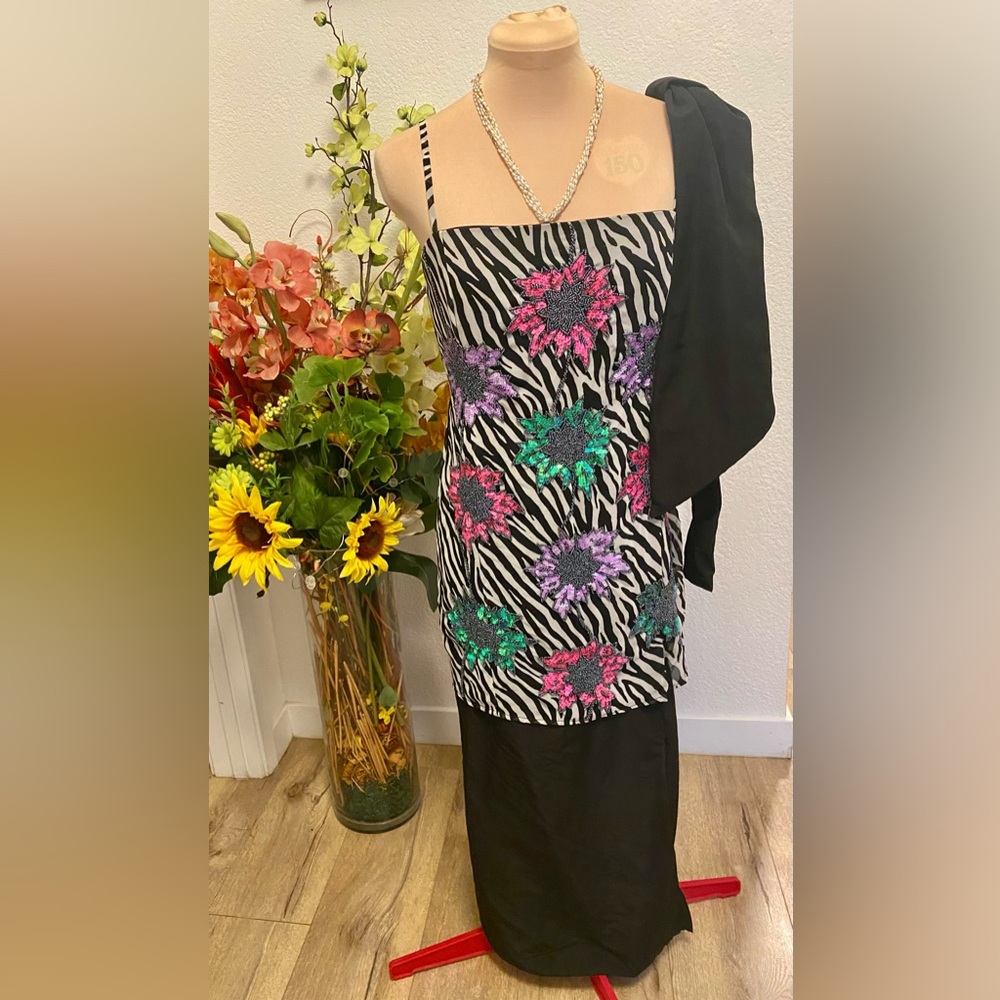Zebra Print Dress with Colorful Handbeaded Floral Accents